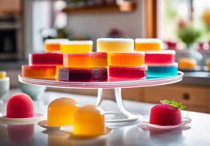Gourmandises colorées, des desserts aux formes variées, certains en forme de fruits, d'autres rectangulaires, tous faits de gélatine. Le poids de la feuille de gélatine détermine leur texture.
