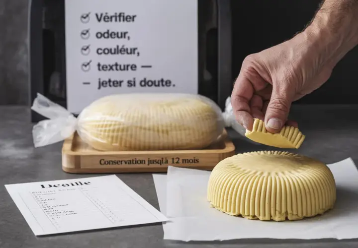 Un morceau de pâte à sucre perimée est examiné. Une liste de contrôle suggère de vérifier l'odeur, la couleur et la texture.