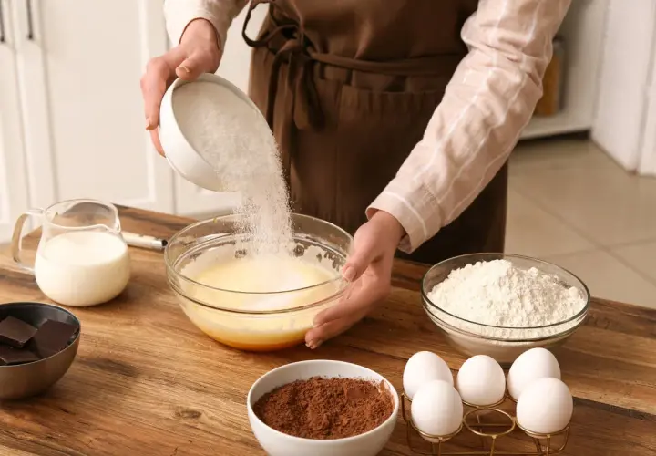 Préparation d'un gâteau : ajout de sucre dans un mélange d'œufs. On voit aussi du lait, de la farine, du cacao et du chocolat, des ingrédients pour savoir par quoi remplacer le lait dans un gâteau.