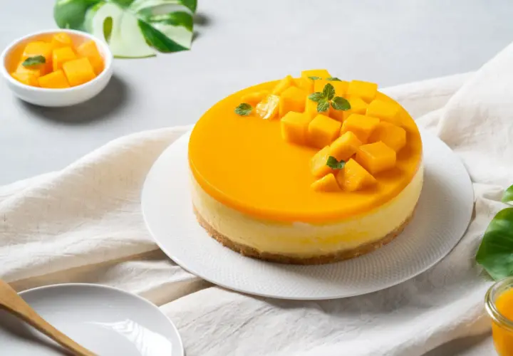 Un délicieux biscuit pour entremet, un cheesecake à la mangue, garni de dés de mangue fraîche et de feuilles de menthe.