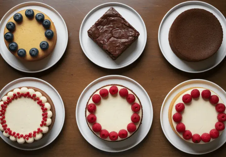 Six desserts sur des assiettes blanches : un gâteau aux myrtilles, un brownie, un gâteau au chocolat, un gâteau décoré de fruits rouges, un gâteau aux framboises et un autre aux framboises. Parfait pour faire un gâteau 2 jours à l'avance.