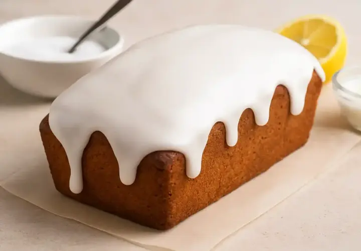 Glaçage au sucre glace et eau dégoulinant sur un cake doré. Une tranche de citron et un bol de glaçage sont à proximité.