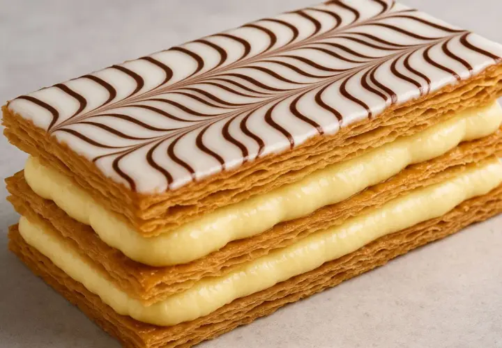Un délice feuilleté avec un glaçage millefeuille orné de volutes chocolatées, révélant une crème pâtissière onctueuse.