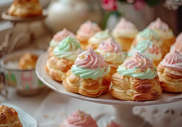 Petits choux garnis de crème pastel, roses et menthe. Parfait pour rattraper une pâte à choux ratée !
