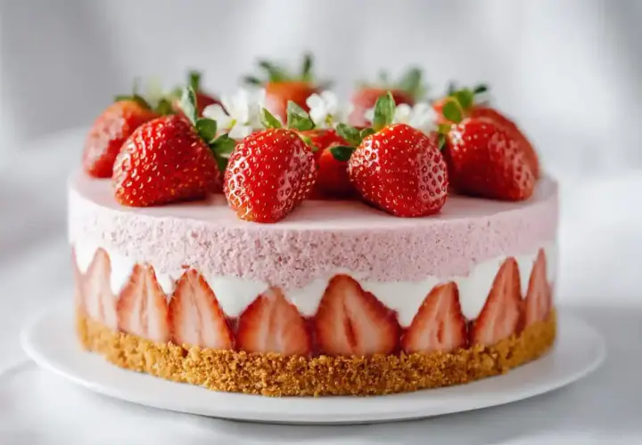 Gâteau rond rose, garni de fraises fraîches et de petites fleurs blanches. La décoration fraisier est exquise, avec des fraises coupées sur le pourtour.