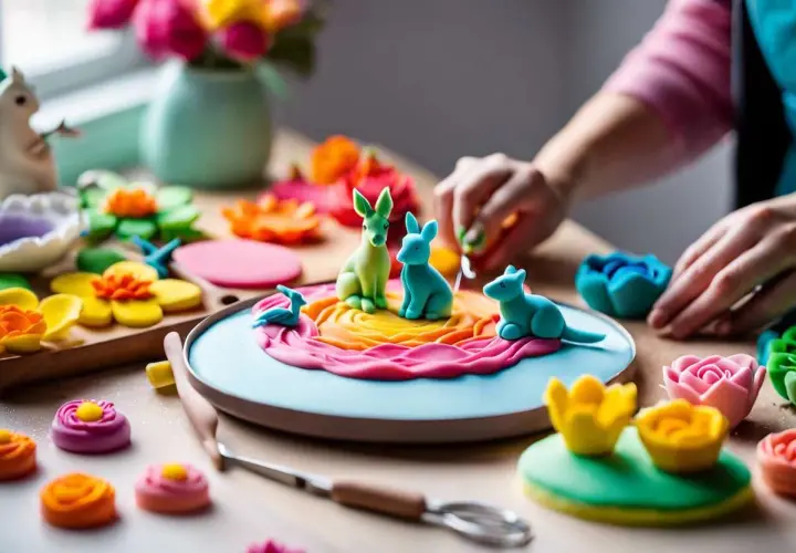Des lapins et des oiseaux colorés en pâte à sucre sur une assiette, entourés de fleurs et d'outils de pâtisserie.