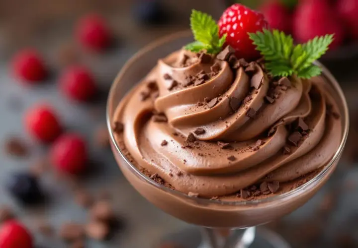 Mousse au chocolat onctueuse, garnie de framboises et menthe. Parfait pour savoir si peut on faire une mousse au chocolat la veille.