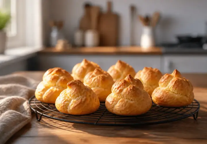 Un lot de choux pâtisserie dorés et gonflés refroidissent sur une grille, prêts à être garnir.