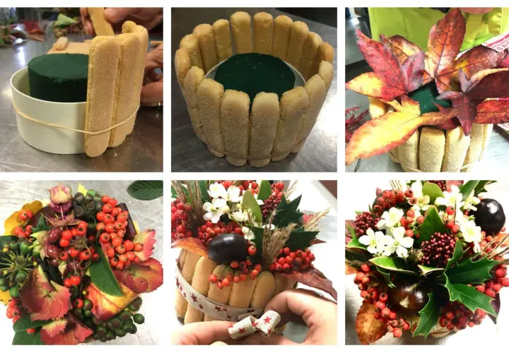 Création d'un gâteau fleurs automnal avec des biscuits à la cuillère, des baies rouges, des feuilles et des marrons.