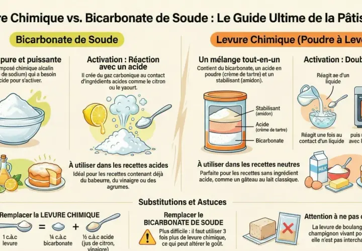 La levure chimique, un mélange tout-en-un, sert à faire lever les pâtisseries grâce à une double action : liquide puis chaleur du four.