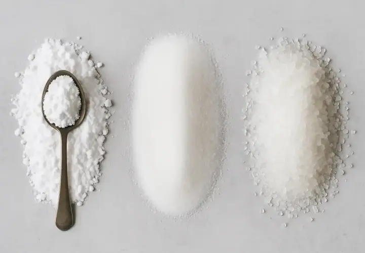 Trois tas de sucres : poudreux, fin et gros. Qu'est-ce que le sucre cristallisé ? La réponse est le tas du milieu.