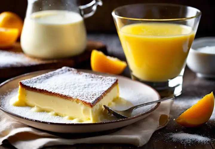 Un morceau de crème pâtissière traditionnelle saupoudré de sucre glace, servi avec du jus d'orange et des quartiers d'orange.