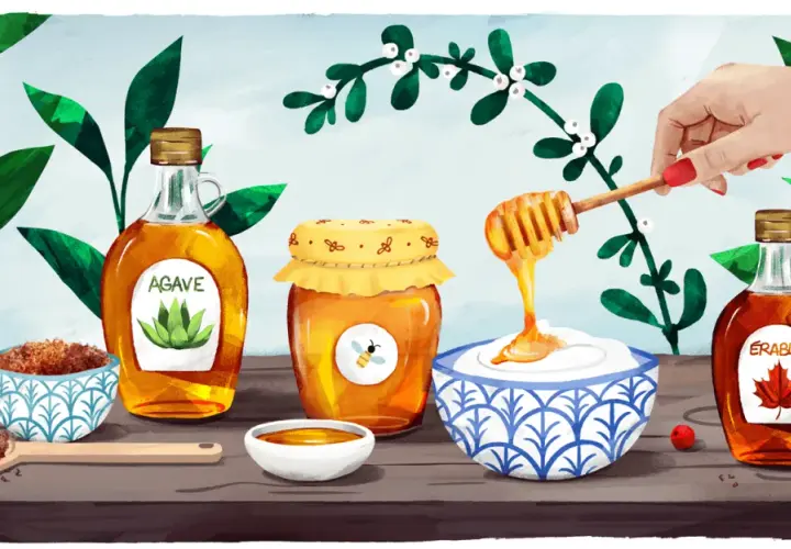 Une sélection de sirops d'agave, de miel et d'érable, ainsi que du sucre brut. Une main verse du miel sur du yaourt.