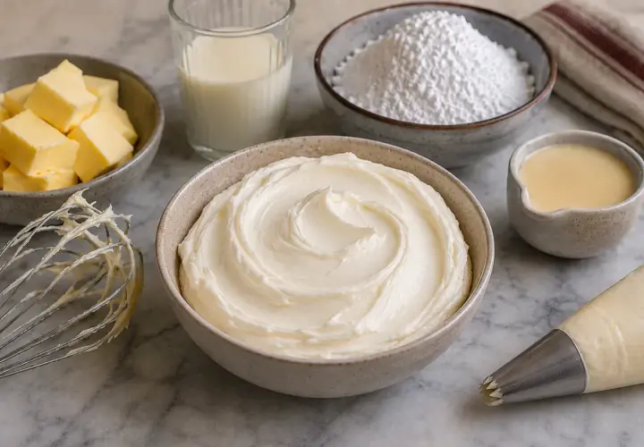 Préparation d'un glaçage onctueux : beurre en dés, lait, sucre glace, crème et poche à douille pour un délicieux beurre pour gâteau.