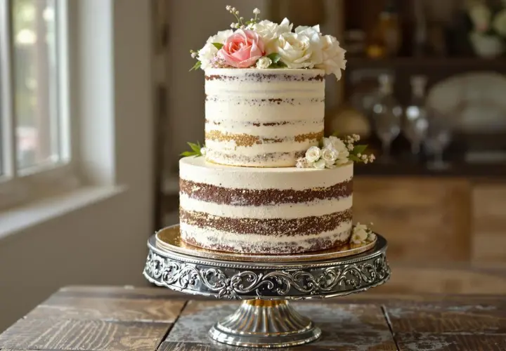 Magnifique montage layer cake à deux étages, décoré de roses et de fleurs blanches, sur un présentoir argenté.