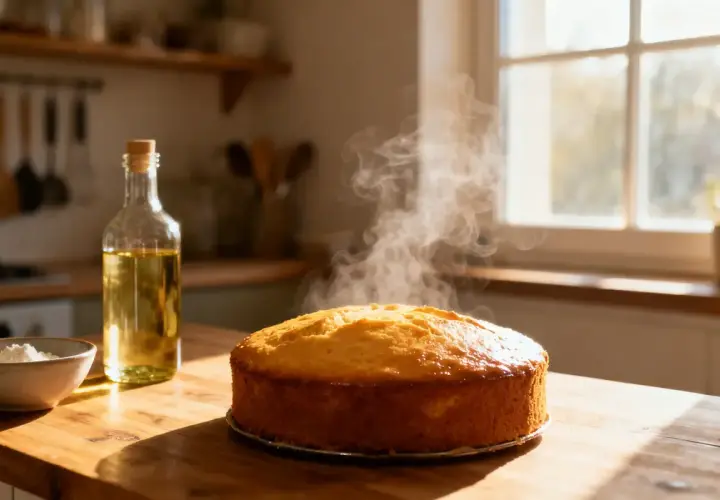 Gâteau doré et fumant, préparé avec de l'huile au lieu du beurre. Une bouteille d'huile et un bol de sucre sont à côté.
