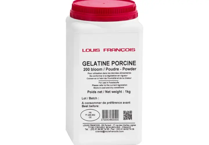 Pot de gélatine porcine en poudre Louis François. Découvrez comment utiliser cette gélatine en poudre pour vos préparations culinaires.