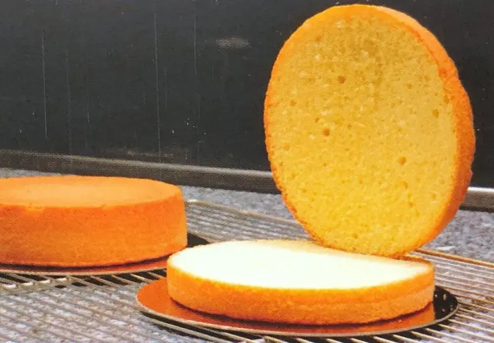 Trois disques de génoise dorée, prêts à imbiber une génoise avec du lait pour un dessert moelleux.