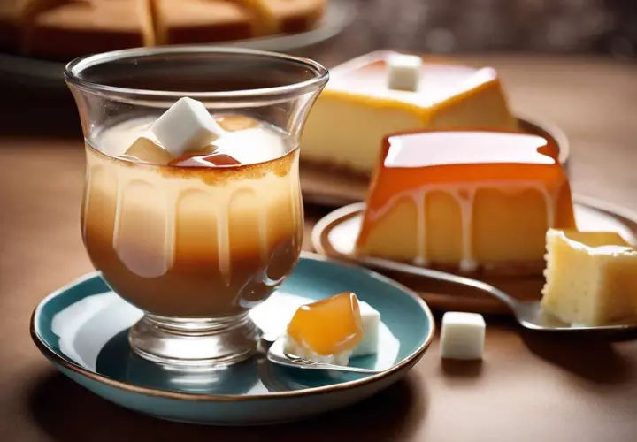 Un verre de crème dessert avec un nappage neutre, des carrés de sucre et des flans au caramel.