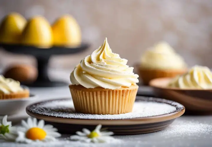 Un cupcake orné d'une généreuse crème au beurre facile, saupoudré de paillettes. Des fleurs et des œufs jaunes en arrière-plan.