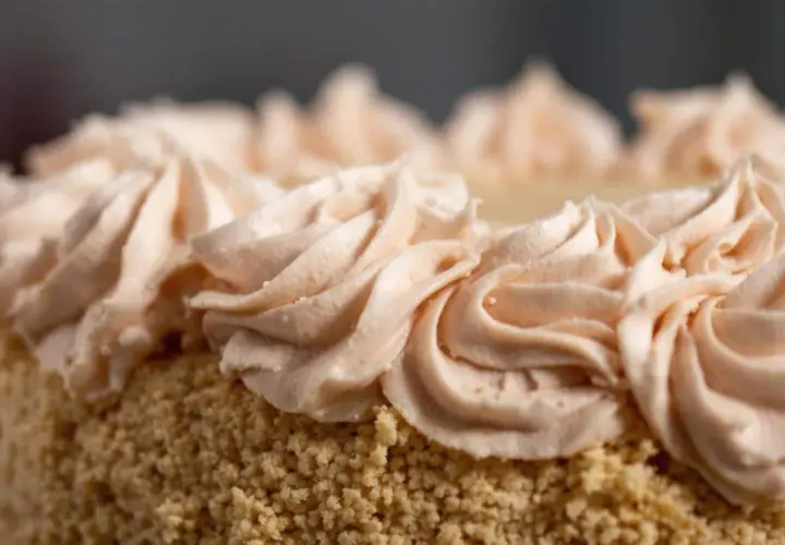Gâteau recouvert de miettes et décoré de volutes de crème rose pâle. Une décoration gateau facile et élégante.