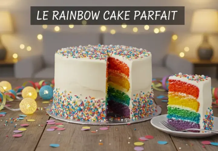 Gâteau arc-en-ciel festif, avec des couches colorées et des vermicelles. Un design de rainbow cake parfait pour une fête.
