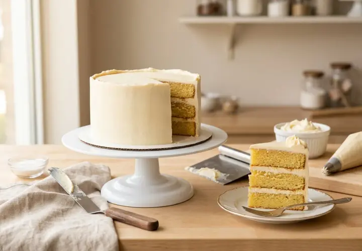 Un gâteau à étages recouvert d'une délicieuse crème de couverture, prêt à être dégusté. Une part est déjà coupée.