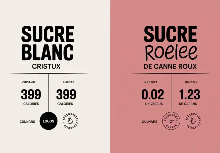 Comparaison visuelle entre le sucre blanc et le sucre de canne roux, avec leurs valeurs nutritionnelles.