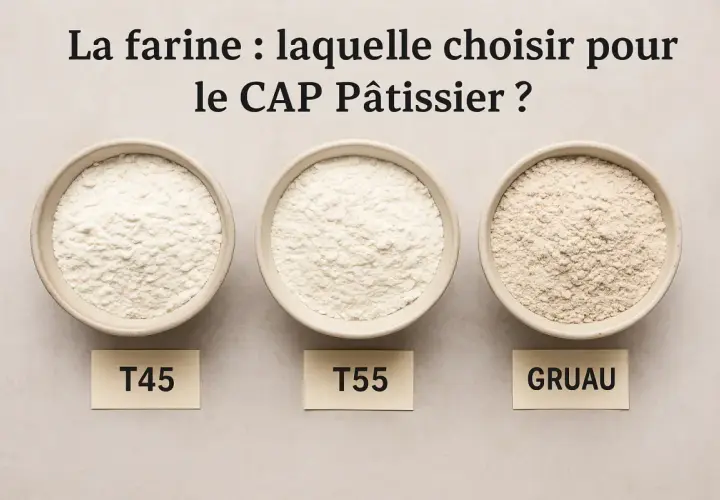 Trois bols de farine pour pâtisserie : T45, T55 et Gruau. Lequel choisir pour le CAP Pâtissier ?