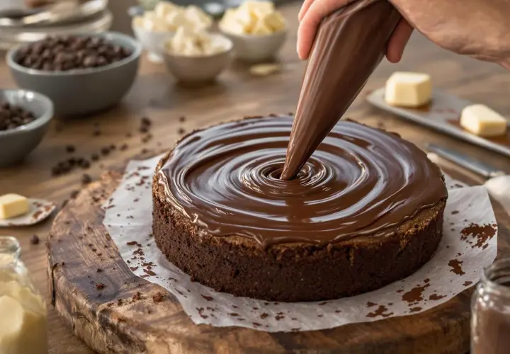 Un glaçage au chocolat onctueux est appliqué sur un gâteau au chocolat, créant un tourbillon parfait. Ce fourrage layer cake est prêt à être dégusté.