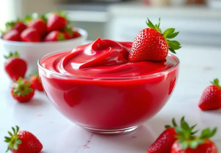 Un bol de ganache fraise onctueuse, garni d'une fraise fraîche. Des fraises entourent ce délice rouge vif.