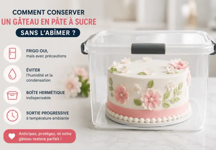 Un gâteau en pâte à sucre décoré de fleurs est conservé dans une boîte hermétique pour une conservation optimale.