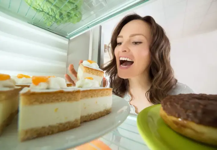 Une femme regarde des parts de gâteau à la crème pâtissière dans un réfrigérateur. Peut-on congeler une tarte à la crème pâtissière ?