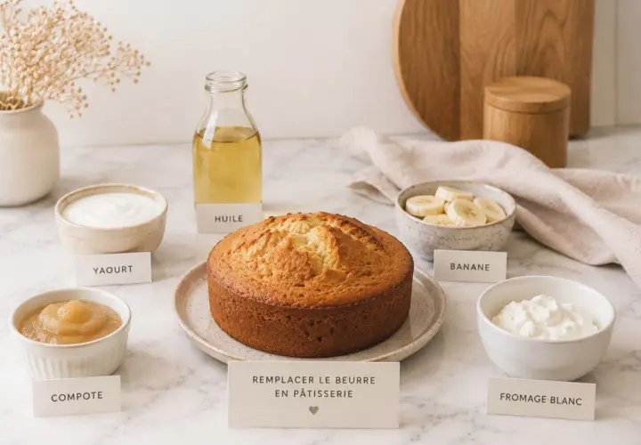 Gâteau doré entouré d'ingrédients : yaourt, compote, huile, banane, fromage blanc. Une carte suggère de remplacer le beurre par du beurre de cacao pour une pâtisserie plus légère.