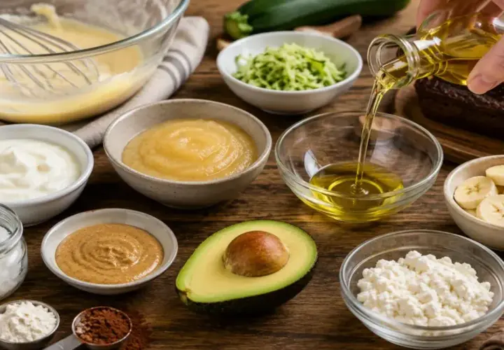 Ingrédients pour un gâteau sain : avocat, compote, yaourt, beurre de cacahuète, monostéarate de glycérol, courgette râpée, bananes, fromage blanc, cacao, farine.