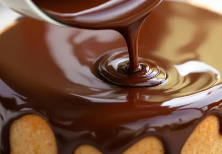 Un gâteau moelleux reçoit un généreux glaçage au chocolat noir, coulant en volutes brillantes.