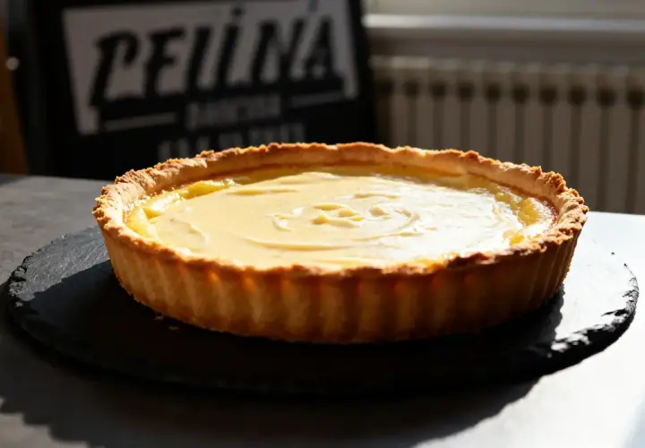 Flan pâtissier on a pâte feuilletée or brisée, with a creamy custard filling, ready to be enjoyed.