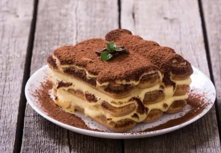 Un délicieux tiramisu, dont l'origine italienne est évidente, saupoudré de cacao, sur une assiette blanche.