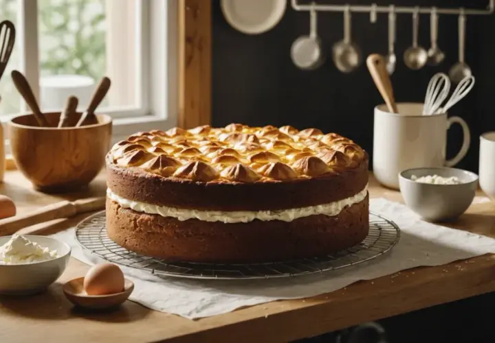 Un délicieux gâteau d'anniversaire, prêt à être décoré avec de la pâte à sucre. Il est garni de crème et surmonté d'une meringue dorée.