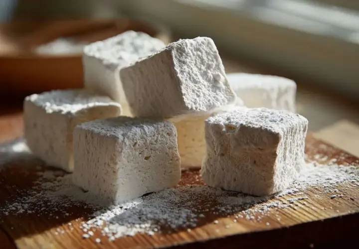 Des cubes moelleux de guimauve saupoudrés de sucre glace, prêts à être dégustés. Un ingrédient simple pour des douceurs gourmandes.