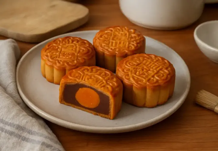 Quatre gâteaux de lune dorés, dont un coupé révélant une garniture de pâte de haricots rouges et un jaune d'œuf salé. Une invitation à découvrir la recette mooncake.