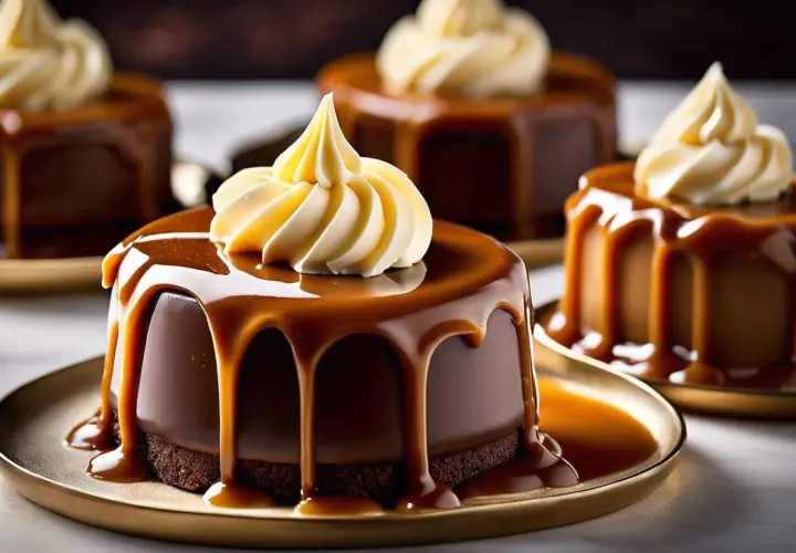 Petits gâteaux au chocolat, nappés d'une ganache caramel beurre salé coulante et surmontés d'une touche de crème. Un délice visuel.