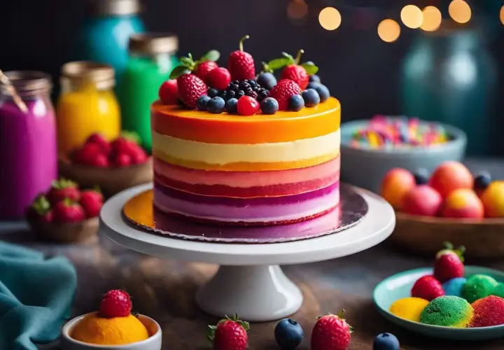 Gâteau arc-en-ciel aux fruits, aux couleurs vives obtenues avec des colorants alimentaires naturels.