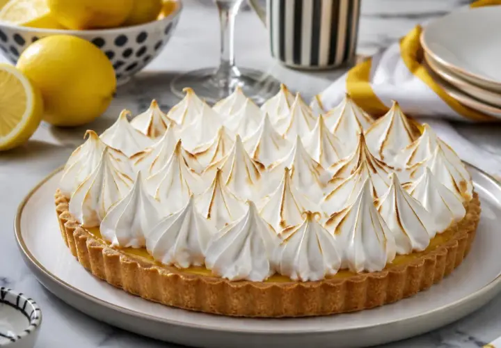 Tarte au citron garnie d'une meringue italienne dorée, parfaite pour une recette gourmande.