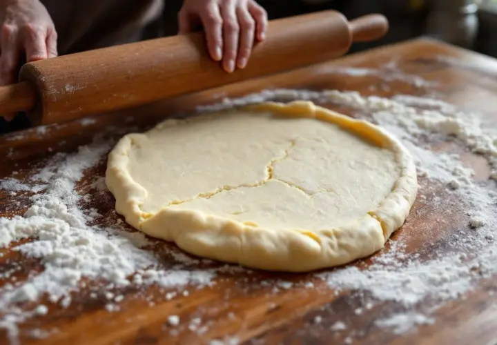 Mains travaillant la pâte sablée sur une planche en bois. La pâte est étalée, prête pour la conservation ou la cuisson.