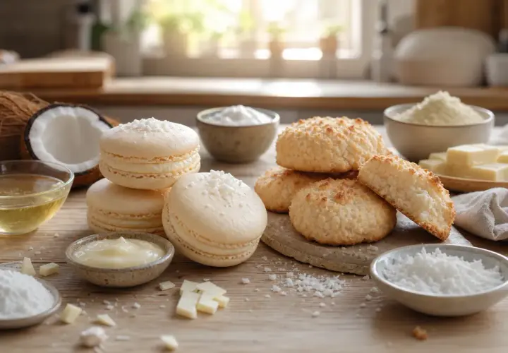 Douceur exotique : macarons et biscuits à la noix de coco, accompagnés de leur crème onctueuse.