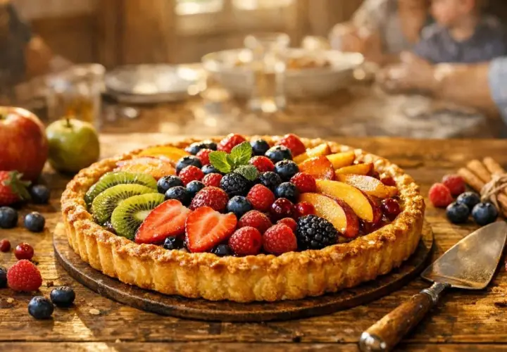 Gâteau aux fruits frais, parfait pour un layer cake 20 personnes. Fraises, kiwis, framboises, myrtilles et pêches sur une pâte dorée.