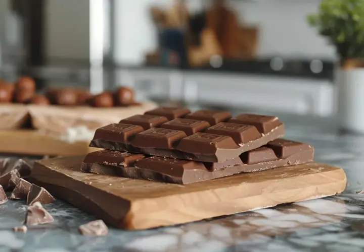 Des morceaux de chocolat, dont des tablettes empilées, sur une planche en bois. Une question se pose : est ce que le chocolat périme ?