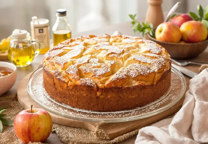 Gâteau aux pommes saupoudré de sucre glace. Une alternative légère pour remplacer 100 g de beurre par compote.