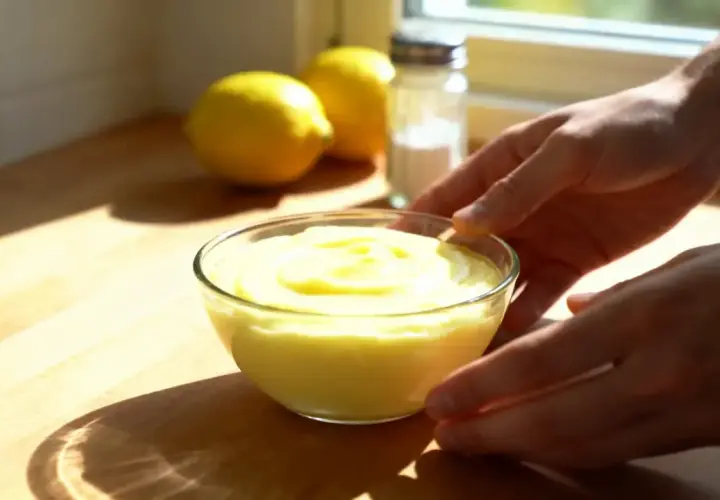 Un bol de crème au citron sans oeuf, onctueuse et jaune vif, est présenté sur un plan de travail en bois. Des citrons et une salière sont en arrière-plan.